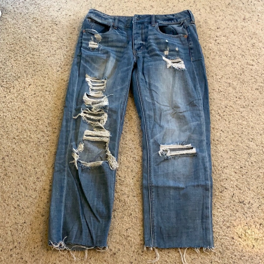 Cropped ripped boyfriend jeans